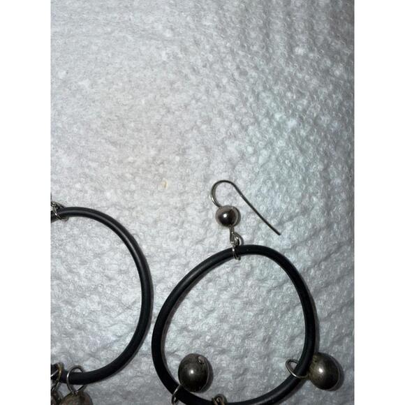 Black Hoop Dangle Earrings Hematite Look Bead Charm Statement Earrings - Picture 3 of 5